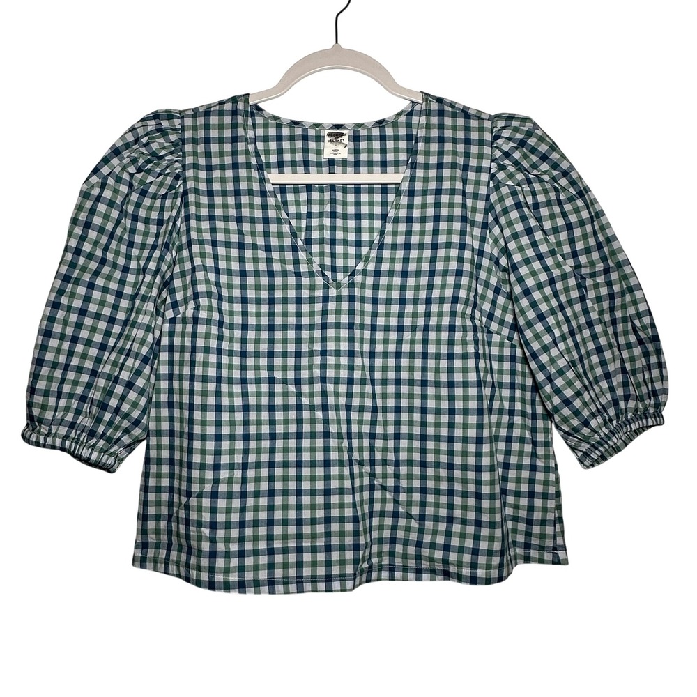 Melrose Market Gingham Puff Sleeve V Neck Top Green Navy White‎ Women's XS
